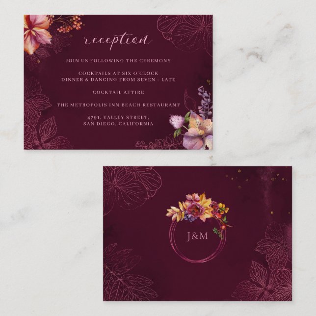Burgundy Fall Floral Monogram Wedding Reception Enclosure Card (Front/Back)
