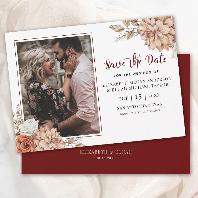 Burgundy Fall Floral Photo Wedding Save the Date Invitation (A beautiful fall save the date for your upcoming wedding.)