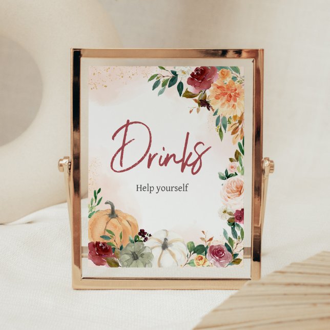 Burgundy Fall Floral Pumpkin Baby Shower Drinks Poster (Fall Floral Pumpkin Baby Shower Drinks Sign)