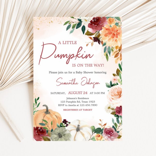 Burgundy Fall Floral Pumpkin Baby Shower Invitation (Fall Floral Pumpkin Baby Shower Invitation)
