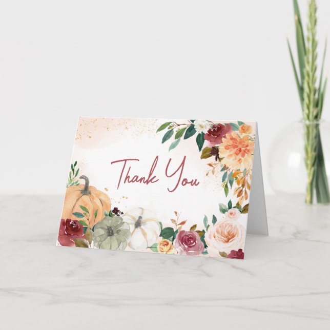 Burgundy Fall Floral Pumpkin Baby Shower Thank You Card (Front)