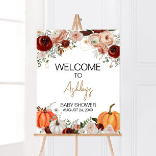 Burgundy Fall Floral Pumpkin Welcome Poster