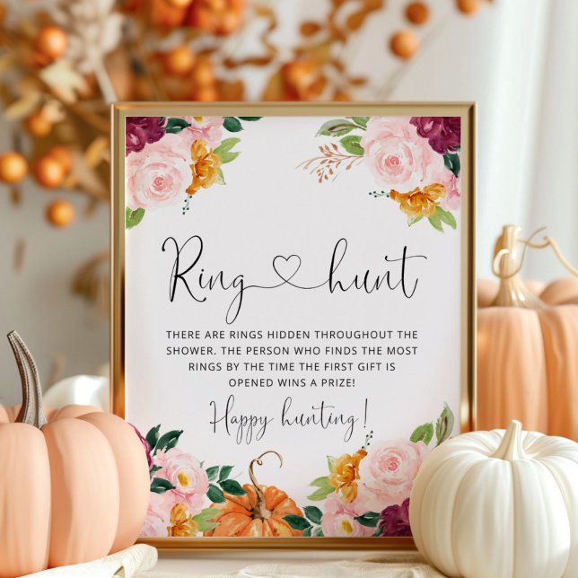 Burgundy fall floral ring hunt bridal shower game poster (Creator Uploaded)
