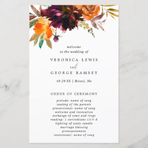 Burgundy Fall Floral Rustic Wedding Program