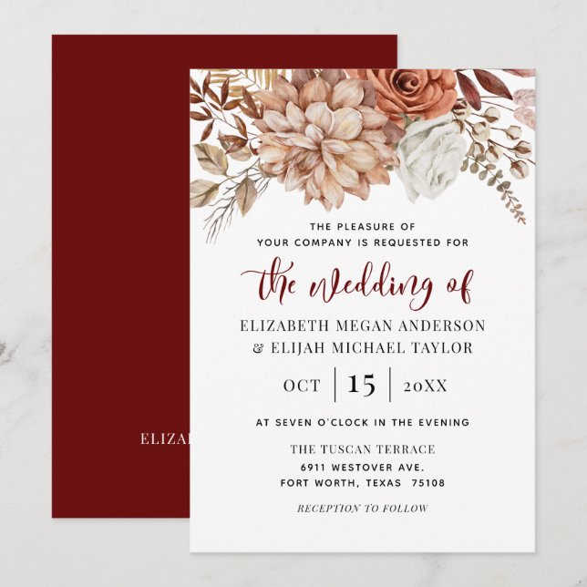 Burgundy Fall Floral Wedding Invitation (Front/Back)