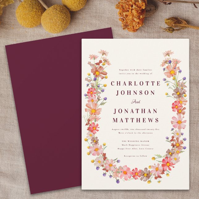 Burgundy Fall Floral Wedding Invitation (Burgundy fall floral wedding invitation boho watercolor wildflower wreath)