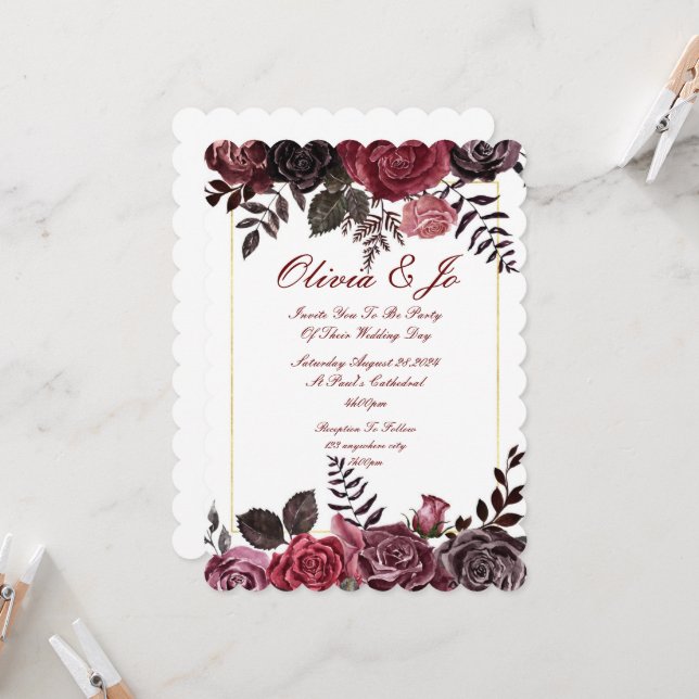 BURGUNDY FALL FLORAL WEDDING INVITATION (Front/Back In Situ)
