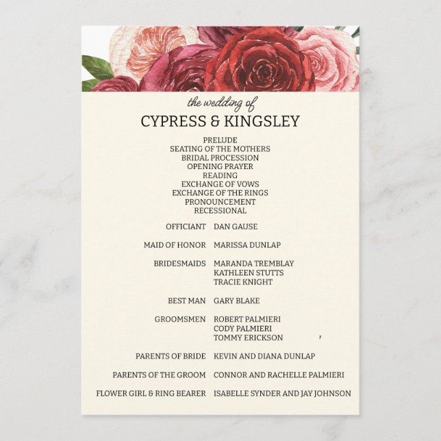 Burgundy Fall Floral Wedding Program Programme (Front)