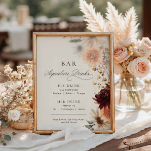 Burgundy Fall Floral Wedding Signature Bar Menu Poster