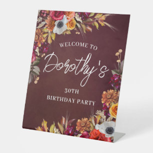 Burgundy Fall Flowers 30th Birthday Party Welcome Pedestal Sign