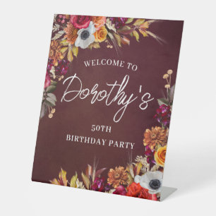 Burgundy Fall Flowers 50th Birthday Party Welcome Pedestal Sign