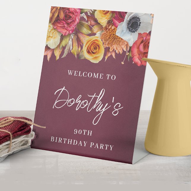 Burgundy Fall Flowers 90th Birthday Party Welcome Pedestal Sign (Welcome your guests in style! Matching party decor available.  Message me for help finding them. )