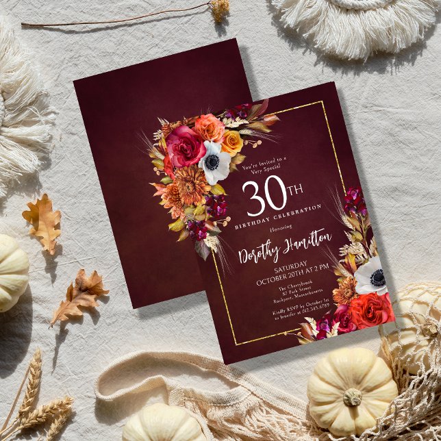 Burgundy Fall Flowers Elegant Script 30th Birthday Invitation (Creator Uploaded)