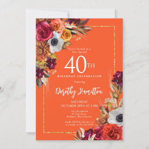 Burgundy Fall Flowers Elegant Script 40th Birthday Invitation