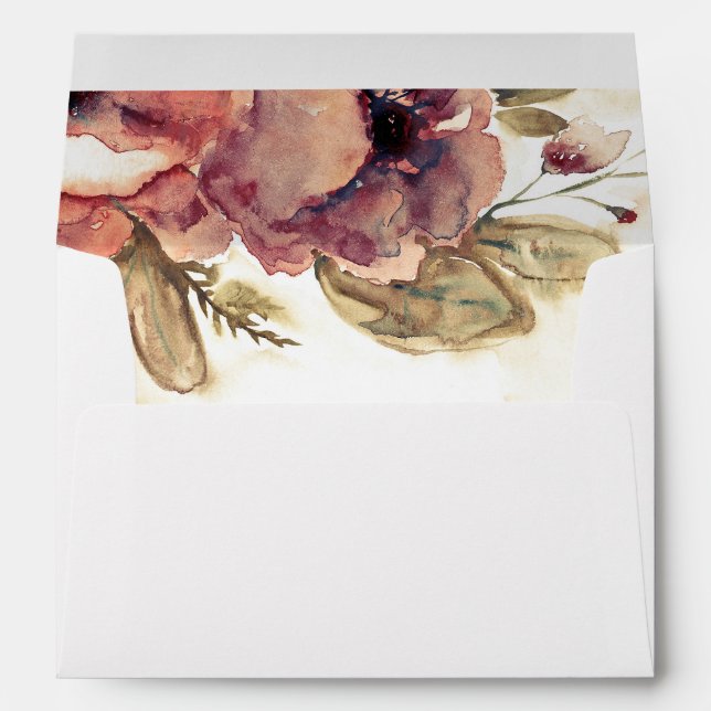 Burgundy Fall Flowers Watercolor Wedding Envelopes (Back (Bottom))