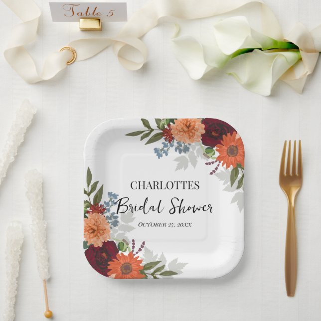 Burgundy Fall Garden Floral Bridal Shower  Paper Plate (Wedding)