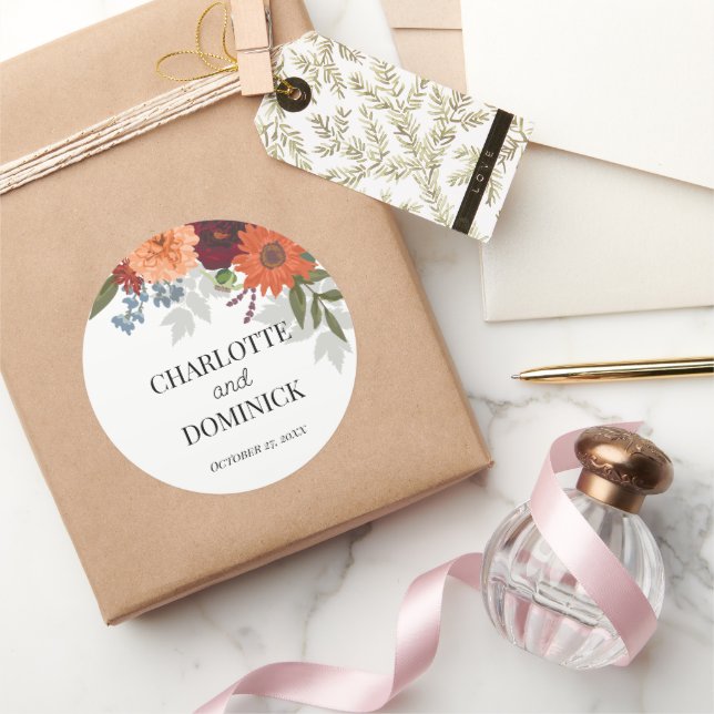  Burgundy Fall Garden Floral Wedding       Classic Round Sticker (Gifting)