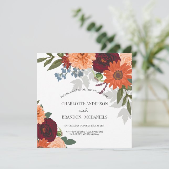 Burgundy Fall Garden Floral Wedding  Invitation (Standing Front)