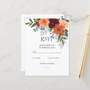 Burgundy Fall Garden Floral Wedding  RSVP Card