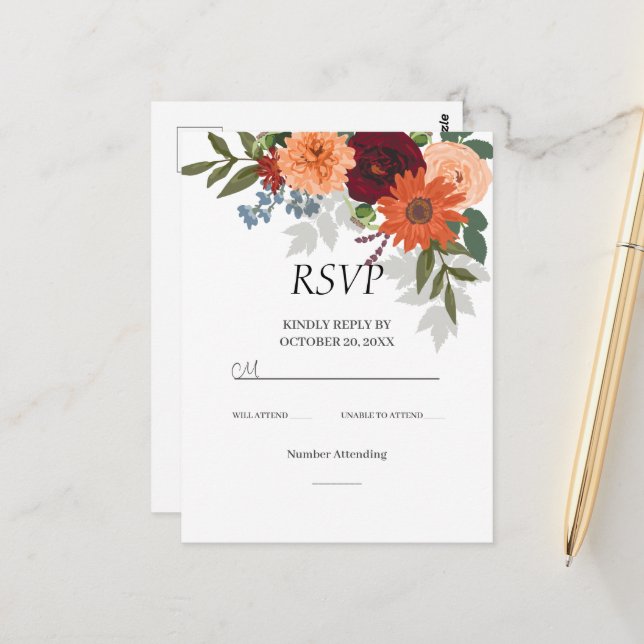 Burgundy Fall Garden Floral Wedding  RSVP Card (Front/Back In Situ)