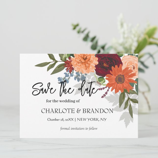 Burgundy Fall Garden Floral Wedding  Save The Date (Standing Front)