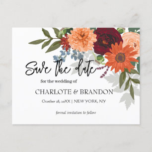 Burgundy Fall Garden Floral Wedding  Save The Date Announcement Postcard