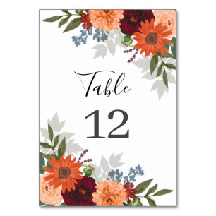 Burgundy Fall Garden Floral Wedding Table Number