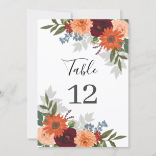 Burgundy Fall Garden Floral Wedding Table Number