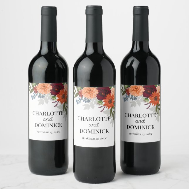  Burgundy Fall Garden Floral Wedding  Wine Label (Bottles)