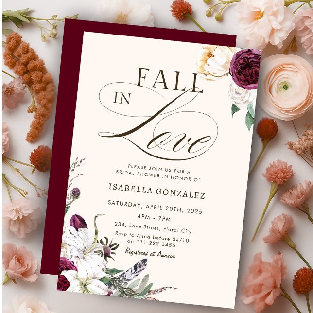 Burgundy Fall in Love Autumn Bridal Shower Invitation (Burgundy Fall in Love Autumn Bridal Shower Invitation)