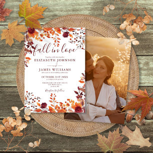 Burgundy Fall In Love Autumn Floral Photo Wedding Invitation
