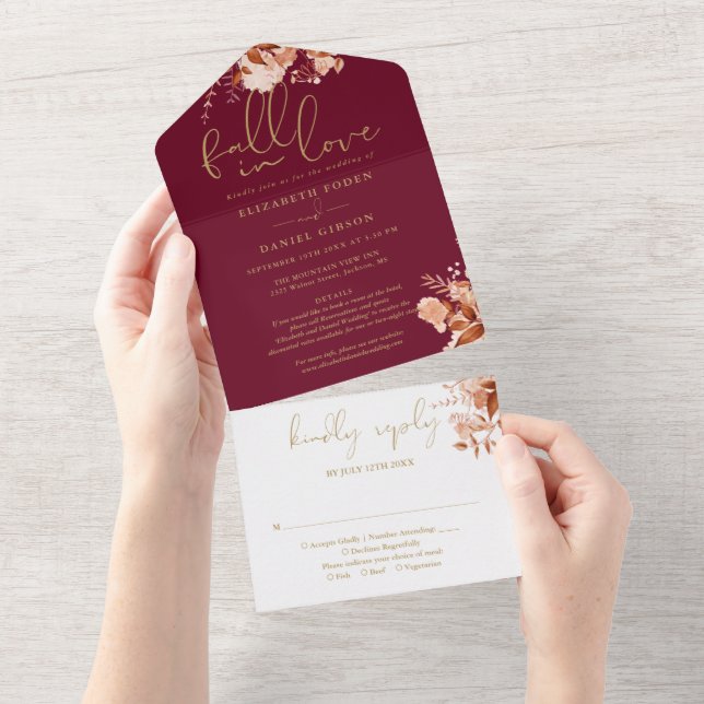 Burgundy Fall In Love Floral Details RSVP Wedding All In One Invitation (Tearaway)