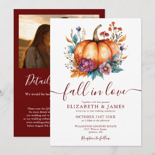 Burgundy Fall In Love Pumpkin Photo QR Wedding Invitation