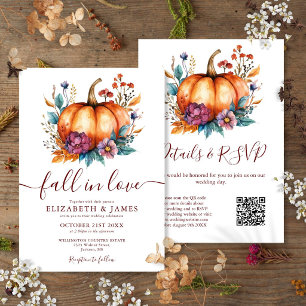 Burgundy Fall In Love Pumpkin QR Code Wedding Invitation