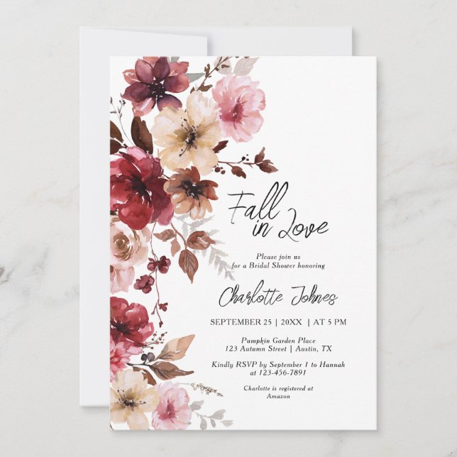 Burgundy Fall in Love Wine Rose Pink Bridal Shower Invitation (Front)