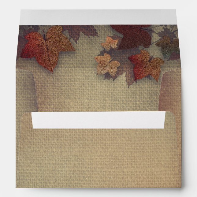 Burgundy Fall Leaves Rustic Burlap Wedding Envelope (Back (Bottom))