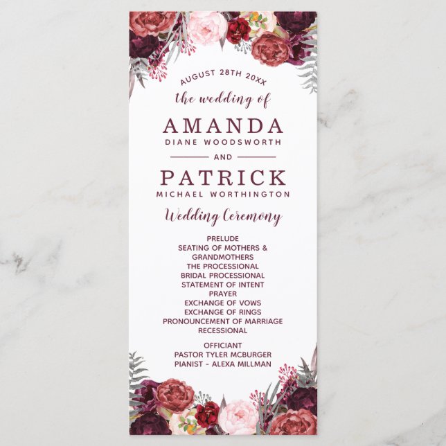 Burgundy Fall Marsala Blush Peony Wedding Programs Programme (Front)