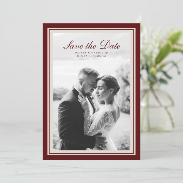 Burgundy Fall Photo Save the Date Card (Standing Front)