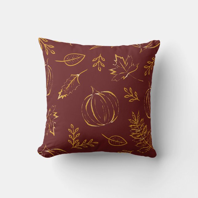 Burgundy Fall Pumpkins & Leaves Pattern Cushion (Front)