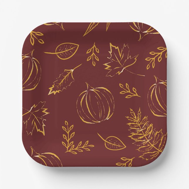 Burgundy Fall Pumpkins & Leaves Thanksgiving Paper Plate (Front)