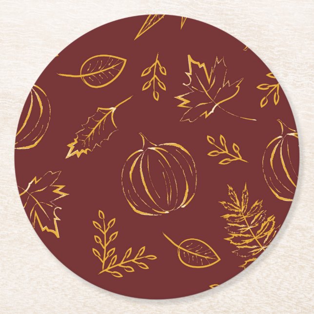 Burgundy Fall Pumpkins & Leaves Thanksgiving Round Paper Coaster (Front)