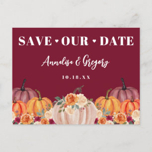 Burgundy Fall Pumpkins Save Our Date Announcement Postcard