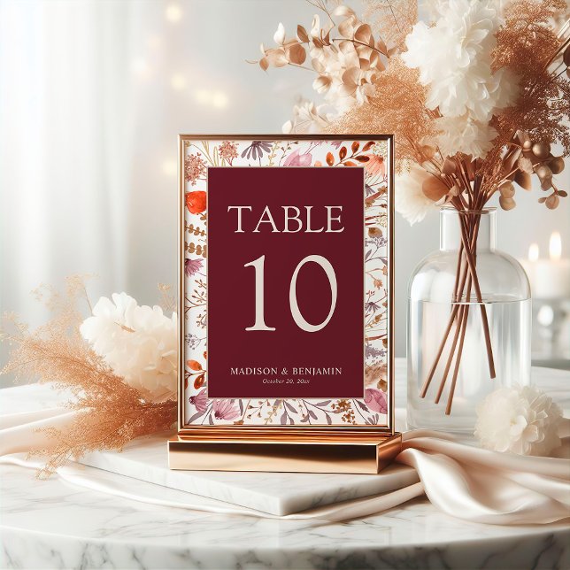 Burgundy Fall Rustic Boho Floral Wildflowers Table Number (Creator Uploaded)