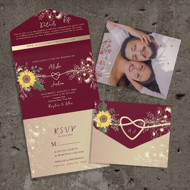 Burgundy Fall Sunflower Wedding All In One Invitation (Creator Uploaded)