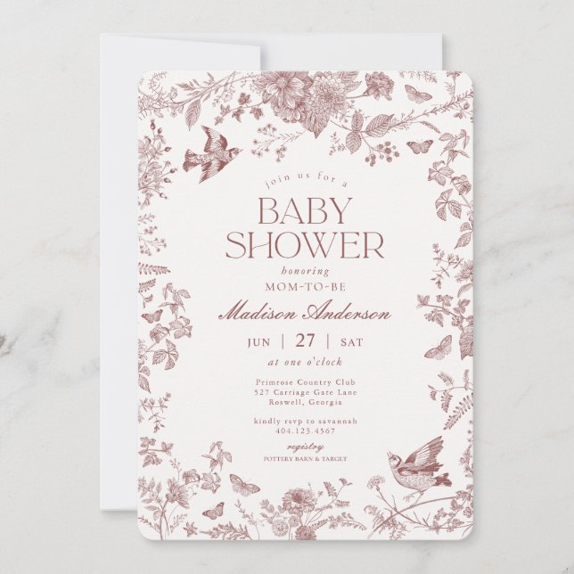 Burgundy Fall Toile De Jouy Floral Baby Shower Invitation (Front)