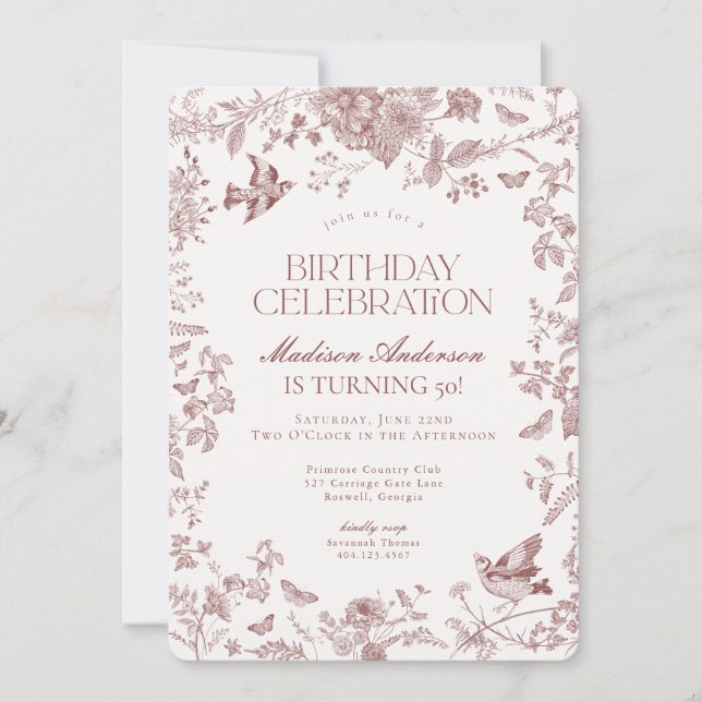 Burgundy Fall Toile De Jouy Floral Birthday Party Invitation (Front)