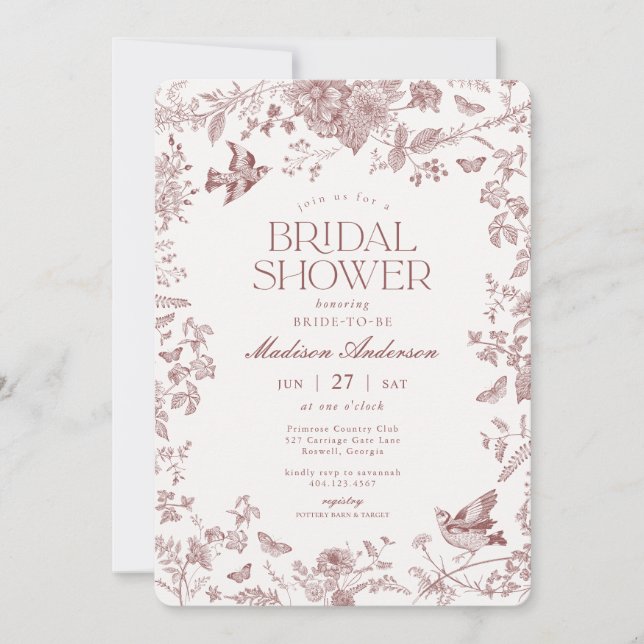 Burgundy Fall Toile De Jouy Floral Bridal Shower Invitation (Front)