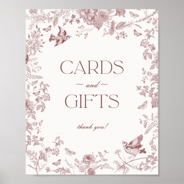Burgundy Fall Toile De Jouy Floral Cards Gifts Poster (Front)
