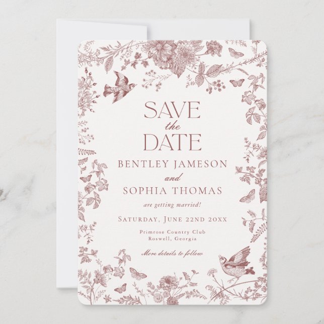 Burgundy Fall Toile De Jouy Floral Save the Date Invitation (Front)