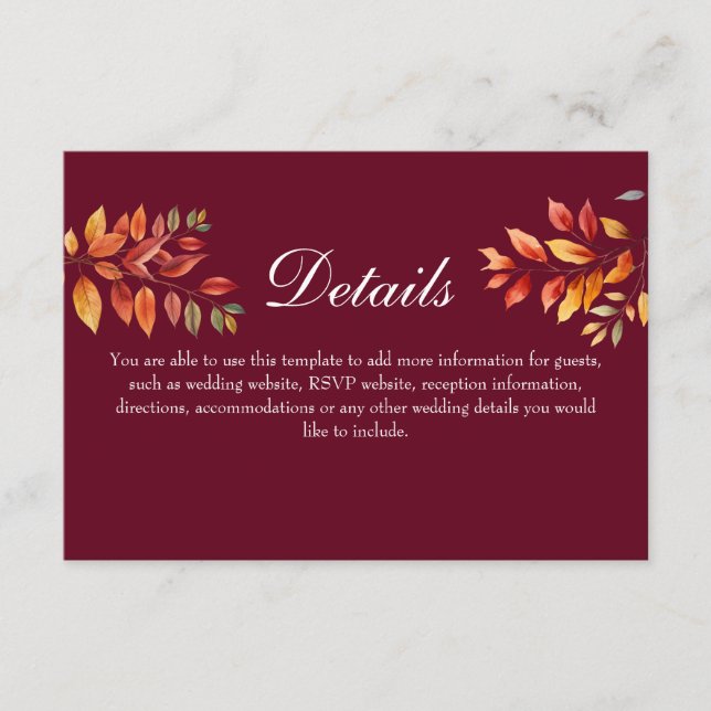 Burgundy Fall Wedding Details Enclosure Card (Front)